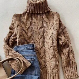Brown Casual Women's Comfortable Twisted Rope Pattern Textured High neck sweater